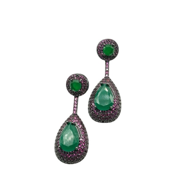 Elegant Green and Pink Drop Earrings Pave CZ Pave-New - Picture 1 of 5